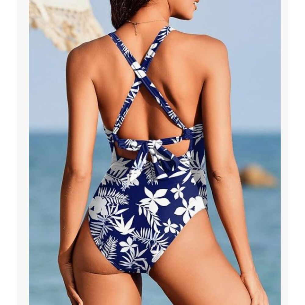Ai'Mage NWT Blue White One Piece Swimsuit XL Criss Cross Back Adjustable Straps - Picture 2 of 7